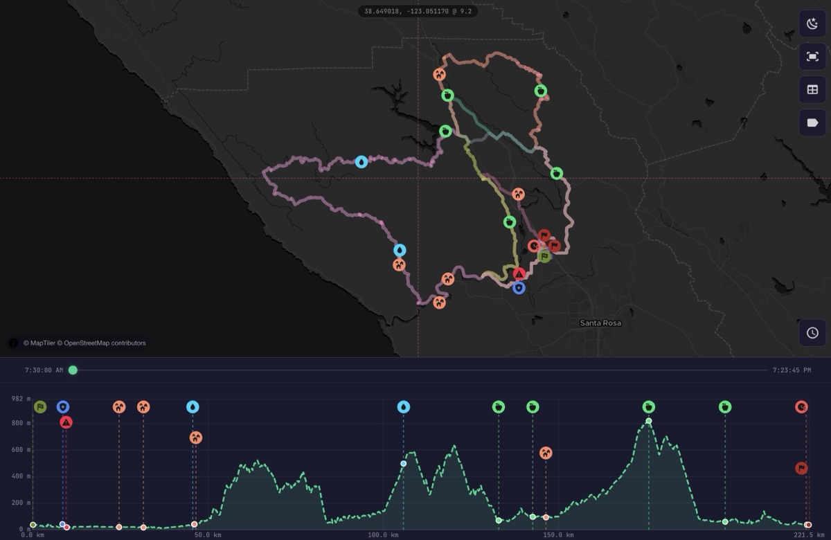 Multiple routes visualized on an interactive map with elevation profiles